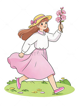 卡通春日少女春日赏花人物插画素材