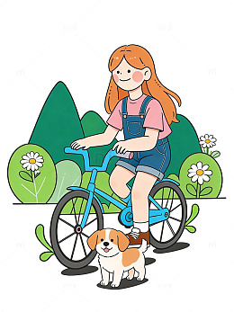 卡通女孩骑车春日人物插画素材
