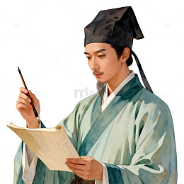 古风书生书写卷轴国画插画素材