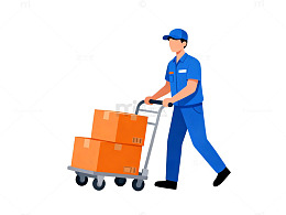 蓝色制服送货员推货车插画