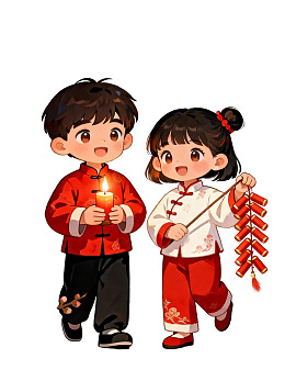 卡通儿童身着传统服饰手持蜡烛与鞭炮