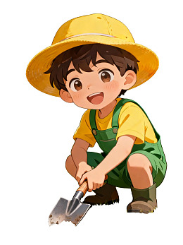 卡通男孩戴黄帽持铲子蹲姿