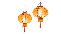两只中式纸灯笼悬挂展示