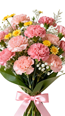 粉色康乃馨花束配黄色小花