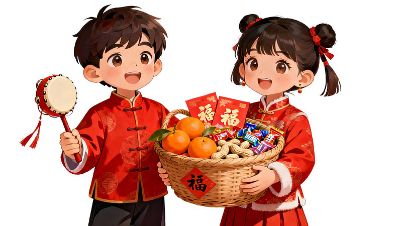 卡通儿童身着红衣手持篮子