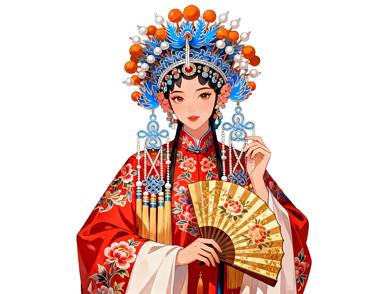 身着红色戏服的女子手持折扇