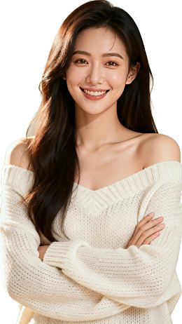 微笑女子身穿米色露肩毛衣