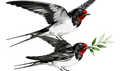 两只燕子飞翔携绿叶图片