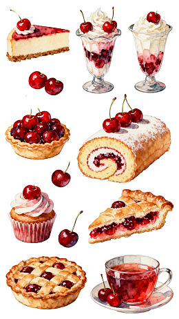 樱桃主题甜点与饮品精美插画