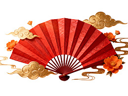 红色折扇配金色祥云与花朵