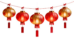 五盏红金灯笼悬挂装饰