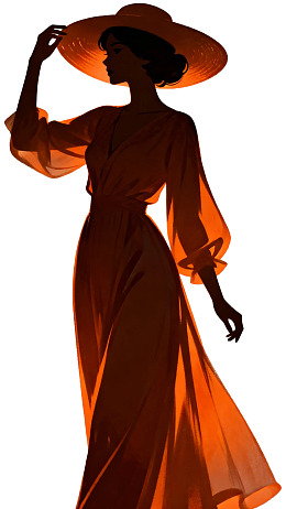 橙色长裙女子戴帽剪影