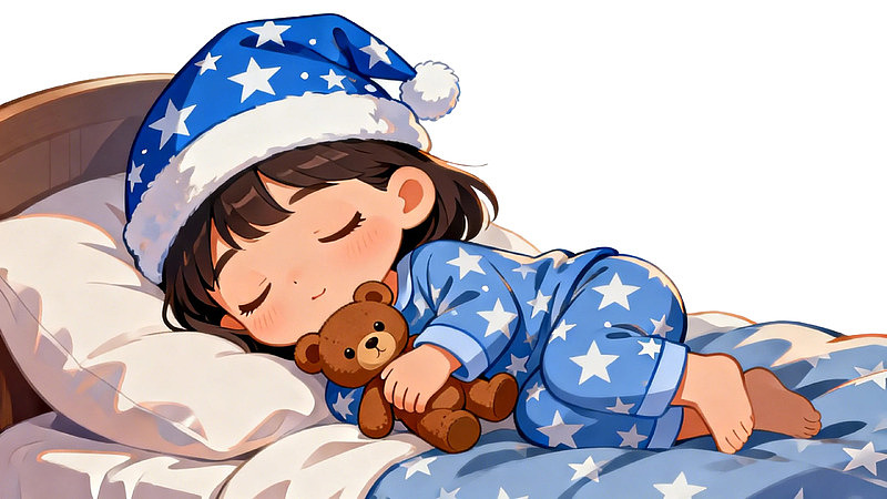 戴圣诞帽的女孩抱着泰迪熊睡觉