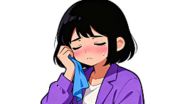 动漫女孩哭泣用蓝色手帕擦泪