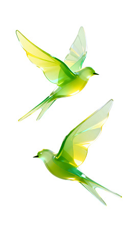 两只绿色飞鸟在白色背景中