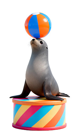 海狮头顶彩色球平衡表演