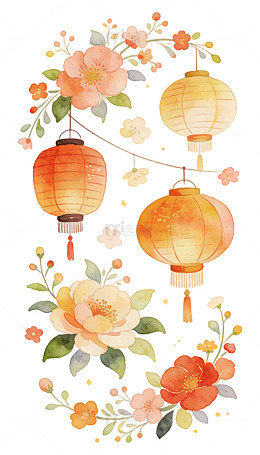 清新 手绘 节日 花朵 灯笼 氛围