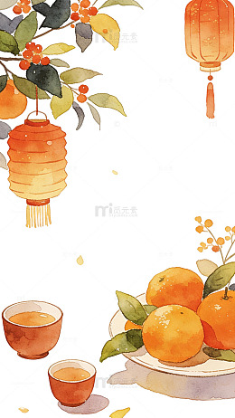 清新 手绘 节日 花朵 灯笼 喜庆 水彩