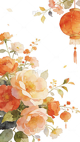清新 手绘 节日 花朵 灯笼 喜庆