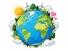 地球环绕绿植与风车的环保插画