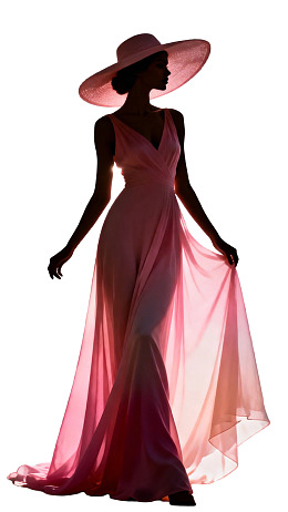 优雅女子身着粉色长裙与宽檐帽