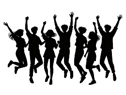 七人跳跃剪影欢乐场景