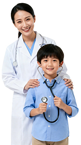 医生与男孩手持听诊器合影