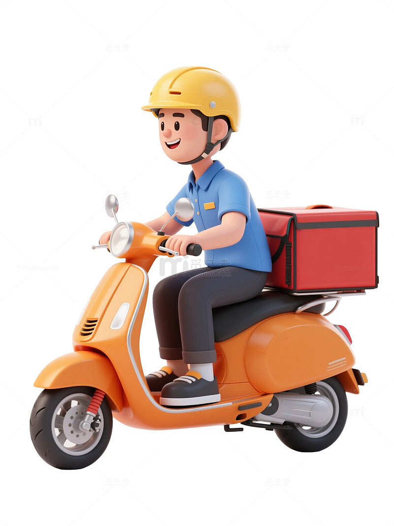 3d立体卡通外卖员骑行电动车插画素材