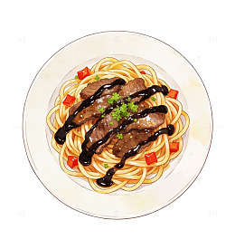 美食插画意面黑椒牛肉意大利面