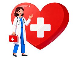 医生手持急救箱站在爱心旁