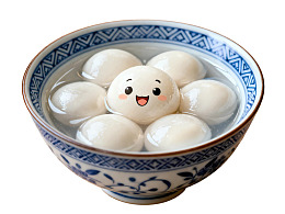 笑脸汤圆盛在蓝白瓷碗中