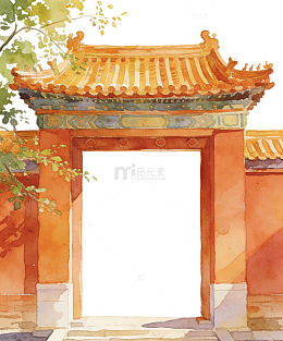 清新手绘水彩国风门口建筑