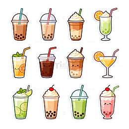 卡通奶茶果汁饮品贴纸设计素材