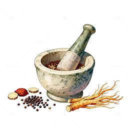 水彩药材传统工具插画