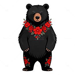 卡通黑熊花卉装饰插画