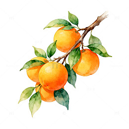 水彩橘子树枝插画设计素材