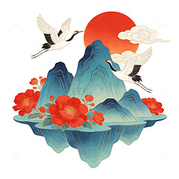 仙鹤山水国画装饰图案