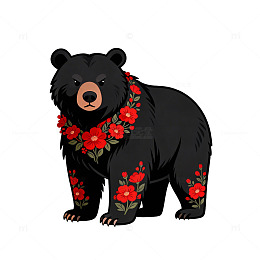卡通黑熊红花装饰插画
