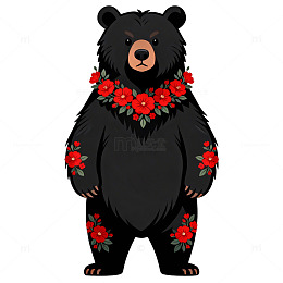 卡通黑熊花卉装饰矢量图