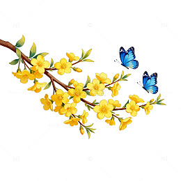 春日黄花朵与蓝蝶卡通插图