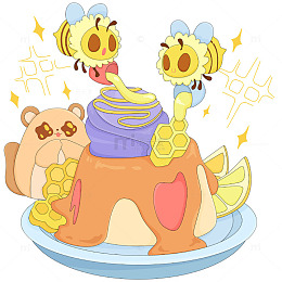 可爱小熊蜜蜂制作蜂蜜蛋糕甜品美食卡通插画