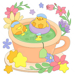 可爱小鸭子大茶杯花园绿茶泡澡美食卡通插画