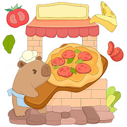 可爱卡皮巴拉烤火腿番茄披萨快餐美食插画