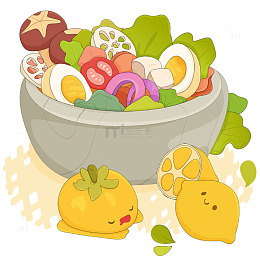健康饮食蔬菜沙拉柠檬鸡蛋洋葱蘑菇美食插画