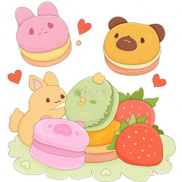 可爱兔子小熊马卡龙草莓味蛋糕快餐美食插画