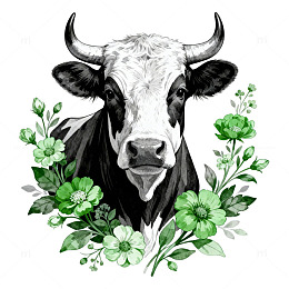 牛头与绿植水彩画