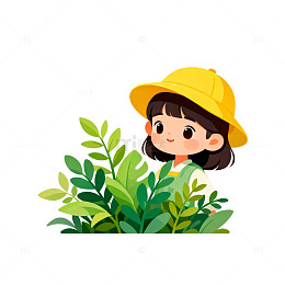 卡通插画小女孩与绿植