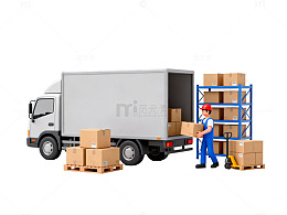 搬运工人货车货架场景模型