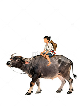水墨画牧童骑牛田园风光