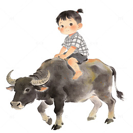 水墨画儿童骑牛田园风光